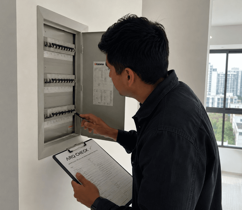 Arquitecto inspeccionando un tablero eléctrico